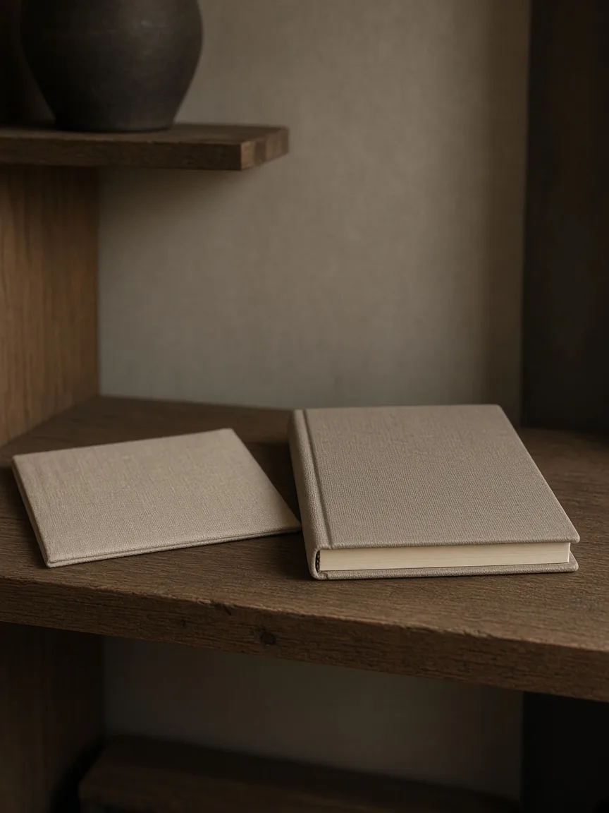 Ahşap rafta kapalı keten defter